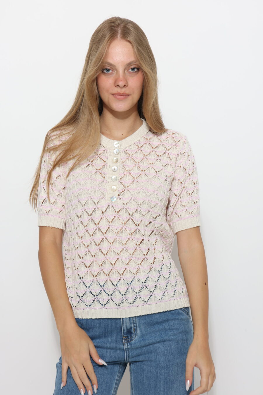 חולצת קרושה כפתורים לבן פס ורוד